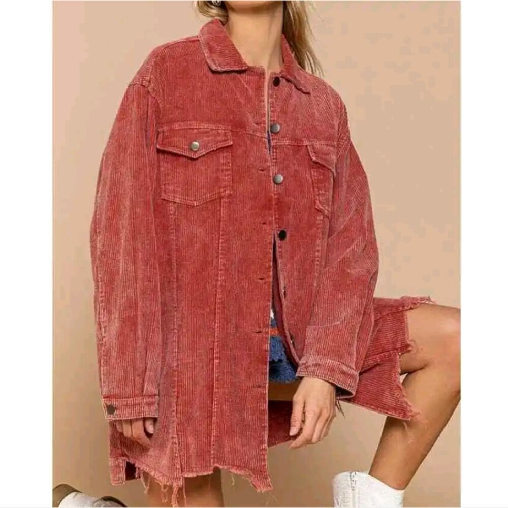 POL Oversized Distressed Rust Corduroy Shacket | Size L